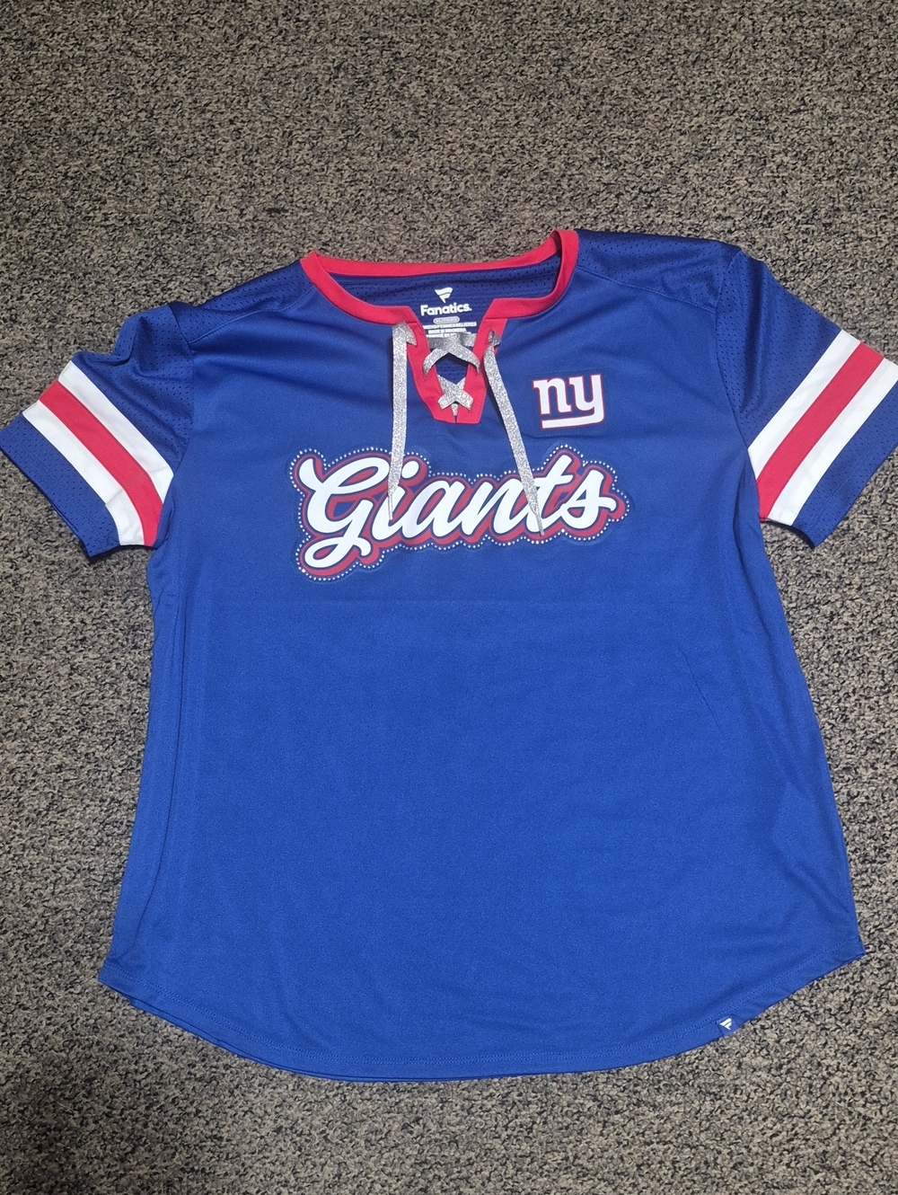 New York Giants Blue Fanatics Lace-Up Short Sleeve Top with Red & White Trim